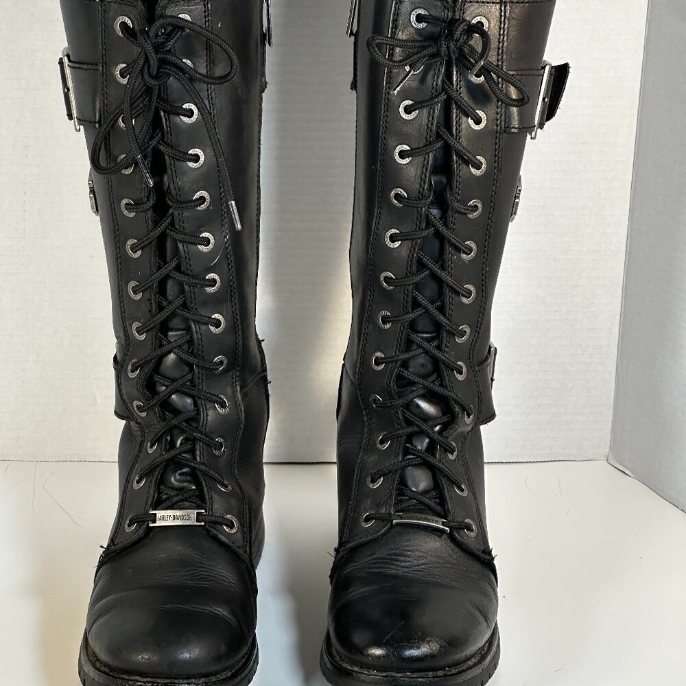 Harley-Davidson Black Leather Lace-Up Buckle Heeled Motorcycle Boots - Picture 16 of 16